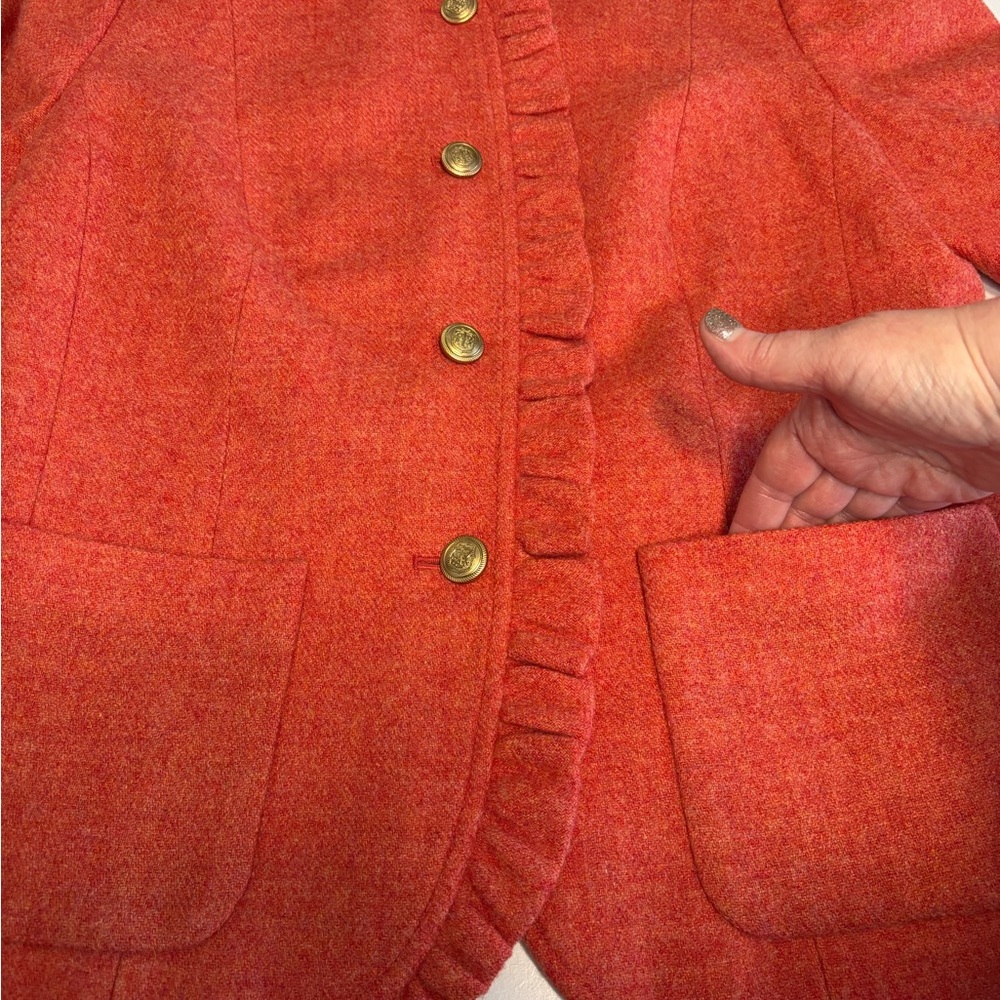 Talbots Orange Wool Blend Blazer with Gold Buttons Ruffle Trim Peplum Size 8 - Picture 3 of 12